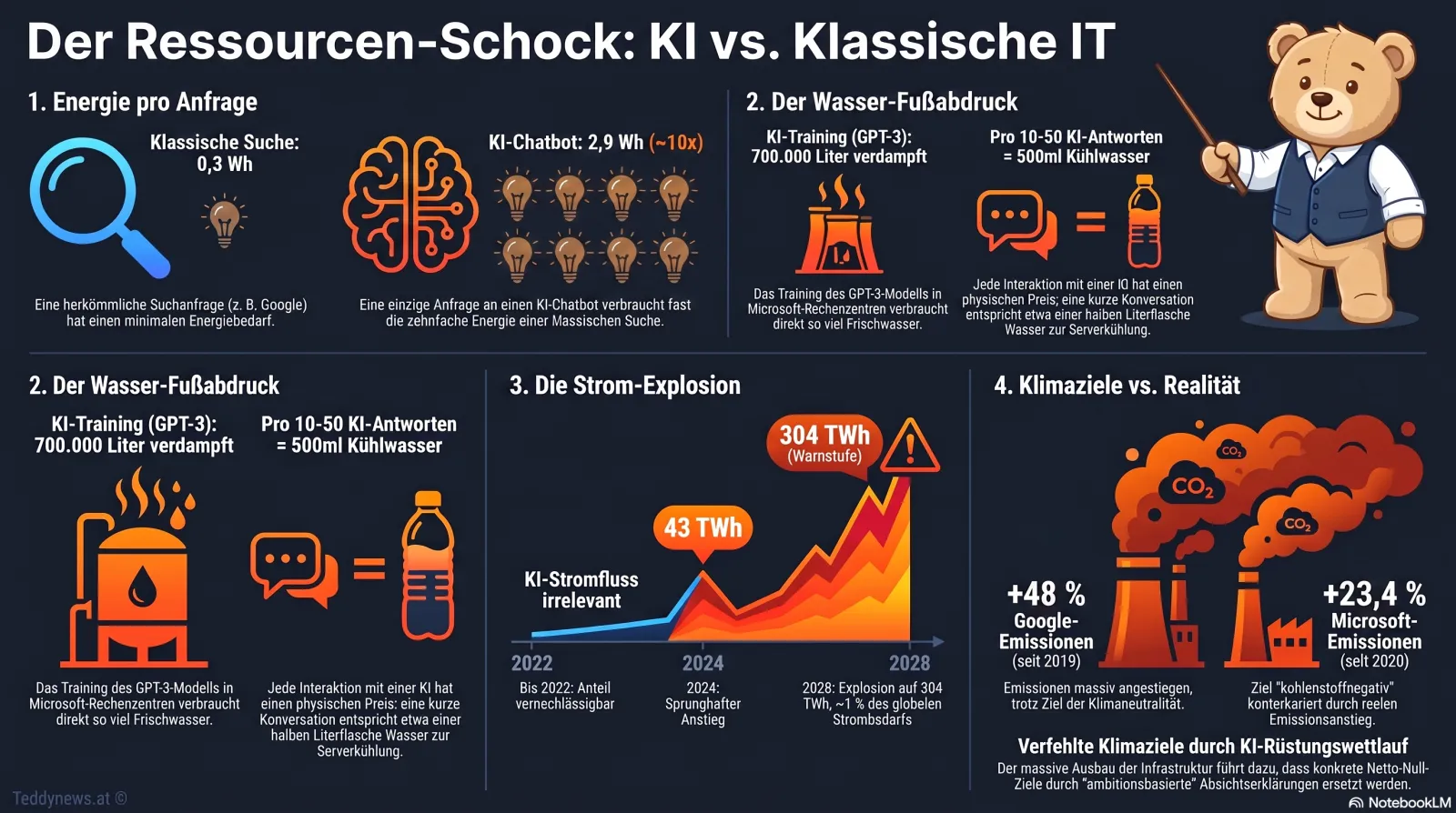 Infografik Der Ressourcen-Schock: KI gegen klassische IT, mit Panels zu Energie pro Anfrage, Wasser-Fußabdruck, Strom-Explosion und Klimazielen